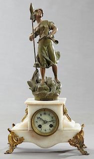 French Patinated Spelter Clock and Alabaster Figur