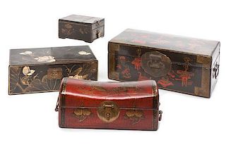 Four Lacquer Boxes Height of largest 6 x width 15 x depth 8 1/4 inches.