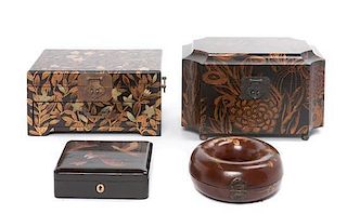Four Lacquer Boxes Height of largest 8 x width 13 x depth 8 1/4 inches.
