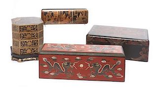 Four Lacquer Boxes Height of largest 5 x width 14 x depth 9 inches.
