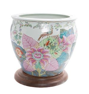A Chinese Export Style 'Tobacco Leaf' Jardiniere Height 12 inches.