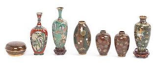 Seven Japanese Cloisonne Enameled Articles Height of tallest 5 inches.