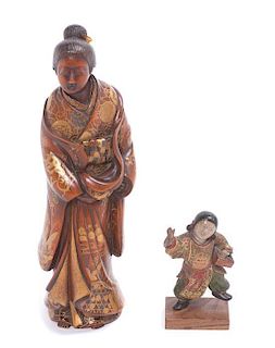 Two Japanese Lacquered Wood Figures Height of taller 8 1/2 inches.