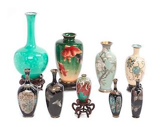 Nine Japanese Cloisonne Enamel Vases Height of tallest 10 inches.