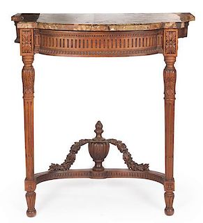 * A Louis XVI Style Carved Console Table Height 33 x width 34 1/2 x depth 21 1/4 inches.