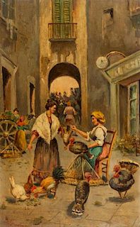 * Artist Unknown, (Italian School, 20th century), Exterior Scene of Figures and Chickens