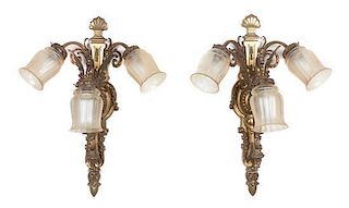 * A Pair of Neoclassical Gilt Brass Three-Light Sconces Height 24 1/4 inches.