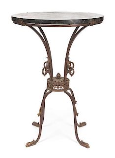 * A Neoclassical Iron and Marble Occasional Table Height 28 x diameter 20 inches.