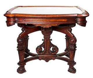 * A Victorian Burlwood Center Table Height 31 1/2 x width 39 x depth 30 inches.