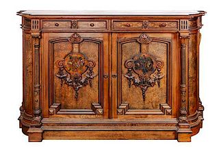 * A Victorian Marquetry Decorated Oak Sideboard Height 46 1/4 x width 71 1/2 x depth 21 inches.