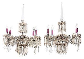 * A Pair of English Cut Glass Four-Light Sconces Height 31 inches.