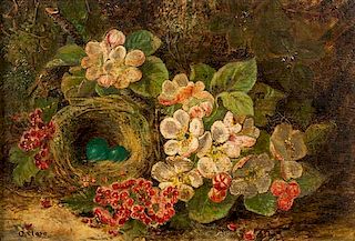 * Oliver Clare, (English, 1853-1927), Still Life with Bird's Nest, Fruit and Flowers