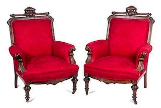 * A Pair of Victorian Incised Burlwood Armchairs Height 41 inches.
