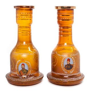 * A Pair of Bohemian Enameled Glass Vases Height 11 1/2 inches.