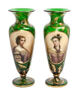 * A Pair of Bohemian Gilt Decorated Portrait Vases Height 10 3/4 inches.