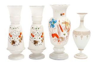 * A Collection of Three Enamel Glass Vases Height of tallest 14 inches.