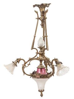 * A Victorian Gilt Metal and Frosted Glass Five-Light Fixture Height 41 inches.