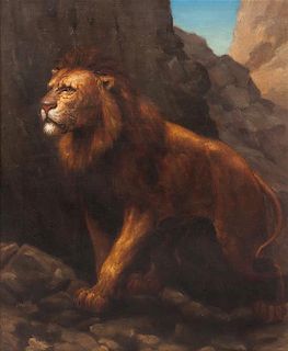 * R. Whaite, (Early 20th century), Lion in Landscape, 1904