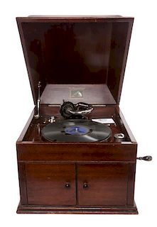 * A Gramophone Mahogany Cased Phonograph Depth of case 18 inches.