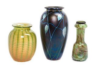 * Three Studio Glass Vases Height of tallest 9 1/4 inches.