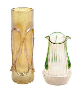 * Two Iridescent Glass Vases Height of taller 9 3/8 inches.
