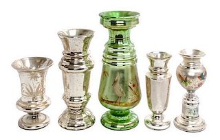 * A Collection of Five Mercury Glass Vases Height of tallest 12 1/2 inches.
