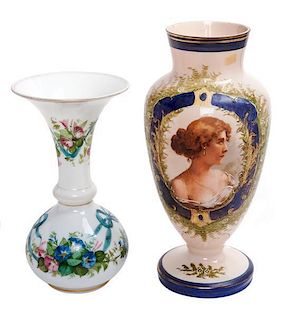 * Two Enameled Glass Vases Height of first 15 inches.