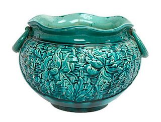 * A Bretby Pottery Jardiniere Width over handles 14 3/4 inches.