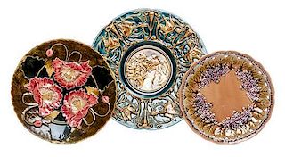 * Three Majolica Chargers Diameter of largest 16 1/2 inches.