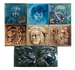 * A Collection of Eight Pottery Tiles Each: 6 x 6 inches.