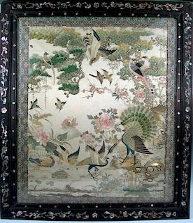 Chinese Embroidery panel in Mother-of-Pearl Inlaid Rosewood Frame.
