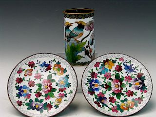 Pair of Cloisonne Dishes and Brush Pot