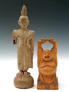 Two Asian Carved Wood Buddha Statues