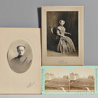 Two Photographs of Shaker Sisters and a Stereocard of a Shaker Village