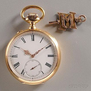 18kt Gold Open Face Watch with "M" Fob