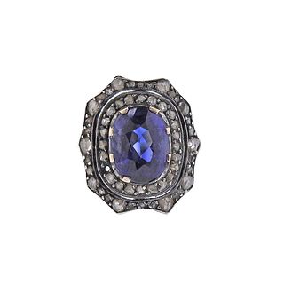 Antique Gold Silver Diamond Blue Stone Ring