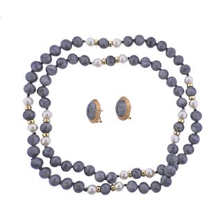 Gumps 14k Gold Gray Jade Pearl Necklace Earrings