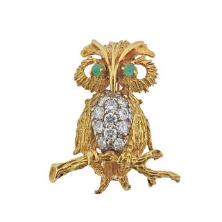 Herbert Rosenthal 18k Gold Diamond Emerald Owl Brooch 