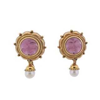 18k Gold Carved Amethyst Moonface Pearl Night & Day Earrings