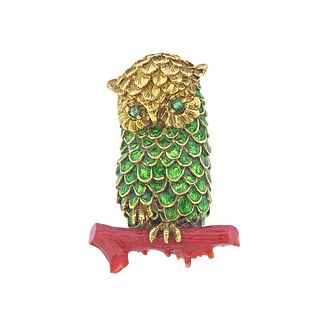 18k Gold Enamel Coral Emerald Owl Brooch Pin