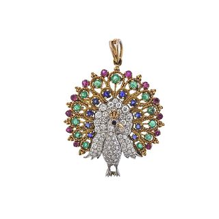 18k Gold Multi Gemstone Diamond Peacock Brooch Pendant