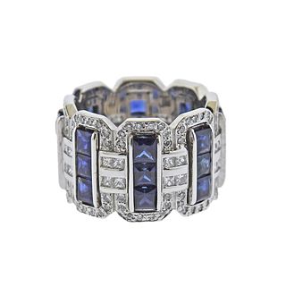 14k Gold Diamond French Cut Sapphire Wide Band Ring