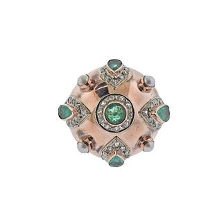 Retro 14k Rose Gold Diamond Pearl Emerald Dome Ring