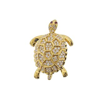 18k Gold Diamond Ruby Turtle Brooch Pin