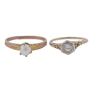 Antique Art Deco Gold Diamond Pearl Ring Lot of 2