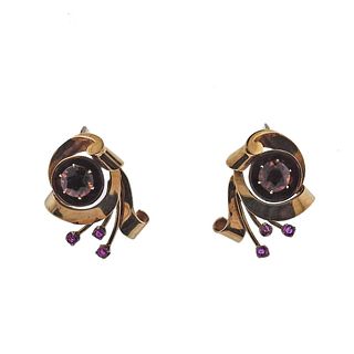 Retro Tiffany & Co 14k Gold Citrine Ruby Earrings