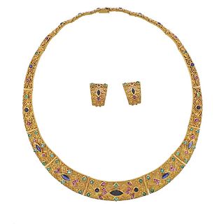 18k Gold Diamond Multi Gemstone Necklace Earrings Set