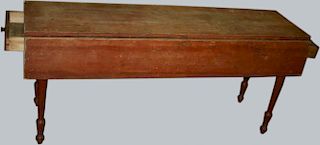 Randolph, VT drop leaf 2 drawer harvest table, pine in original red paint, turned leg. 5'8"l x 30"h.