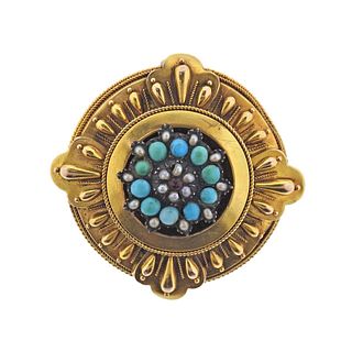 Antique Victorian 14k Gold Pearl Turquoise Garnet Locket Brooch