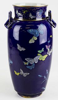 circa 1870 Japanese porcelain enamel decorated character signed vase on gilt bronze base, ht 15"